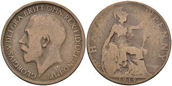 Великобритания 1/2 пенни 1919 Георг V (1910-1936) KM 809, Spink 4056 бронза 4116-1235