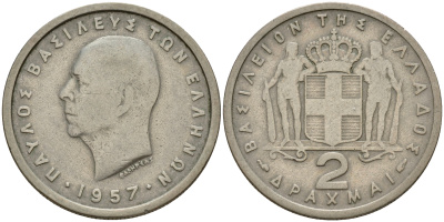 Греция 2 драхмы 1957 Павел I (1947-1964) KM 82 медно-никель    4597-231