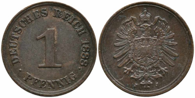 ГЕРМАНИЯ 1 ПФЕННИГ 1888 J, СТАРОГЕРБОВКА KM 1, J. 1 медь 112-124