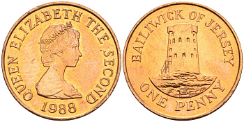 Джерси 1 пенни 1988 Елизавета II (1952-2022), башня Святого Клемента KM 54 бронза UNC 4582-213