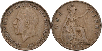 Великобритания 1 пенни 1936 Георг V (1910-1936) KM 838, Spink 4055 бронза 3333-1122