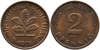 ФРГ 2 ПФЕННИГА 1974 D KM 106а, J.381а сталь плакированная сталь плакированная медьюю 33-235