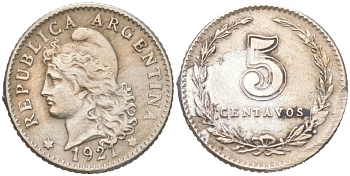 Аргентина 5 сентаво 1921 KM 34 медно-никель 4621-1064