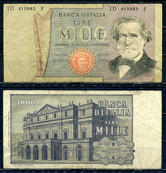 Италия 1000 лир 1980 20 февраля 1980, Джузеппе Верди, Милин Ла Скала Pick 101 g бумага 6294-33-4-2