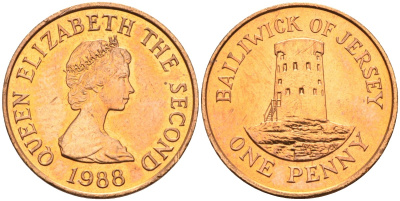 Джерси 1 пенни 1988 Елизавета II (1952-2022), башня Святого Клемента KM 54 бронза UNC 4582-213