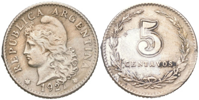 Аргентина 5 сентаво 1921 KM 34 медно-никель 4621-1064
