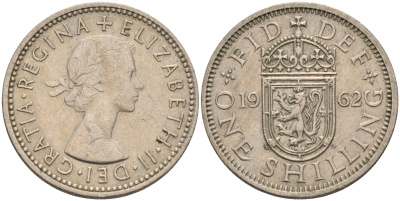 Великобритания 1 шиллинг 1962 Елизавета II (1952-2022), Шотландский герб KM 905, Spink 4148 медно-никель    4595-836