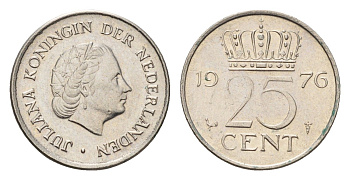 Нидерланды 25 центов 1976 Юлиана (1948-1980) KM 183 никель aUNC 4685-1028