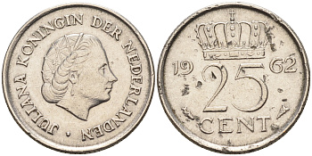 Нидерланды 25 центов 1962 Юлиана (1949-1980) KM 183 никель    4174-648