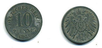 ГЕРМАНИЯ 10 ПФЕННИГОВ 1920 KM 26, J. 299 цинк 54-516