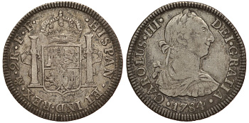 Мексика 2 реала 1784 FF, монетный двор (Мехико Сити),  Карл III Испанский KM 88.2 серебро 00-000-00