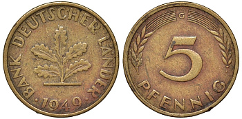 ФРГ 5 пфеннигов 1949 G KM 102 сталь плакированная бронзой 4174-511