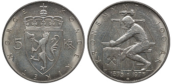 Норвегия 5 крон 1975 100 лет Норвежской кроне KM 421 медно-никель UNC 81-812