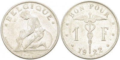 Бельгия 1 франк 1922 Belgique, Альберт I (1910-1934) KM 89 никель 261-451