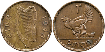 ИРЛАНДИЯ 1 ПЕННИ 1946 КУРИЦА С ЦЫПЛЯТАМИ KM 11 бронза 4394-1124