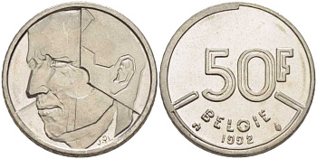 БЕЛЬГИЯ 50 ФРАНКОВ 1992 BELGIE, БОДУЭН I (1951-1993) KM 169 никель 4388-932
