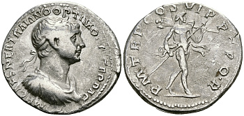 Римская Империя денарий 114 - 117 Траян PM TR P COS VI PP SPQR Марс, держащий трофей Рим Very fine RIC 338 серебро 1073-4-4-1