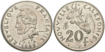Французская Новая Каледония 20 франков 1999 три быка, (IEOM) KM 12, Schoen 14, Lec 115c никель 4131-436