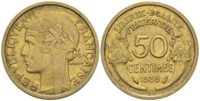 ФРАНЦИЯ 50 САНТИМОВ 1939 ТИП MORLON KM 894.1, LE FRANC 192.15 алюминиевая бронза 44-831