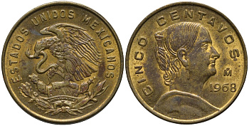 Мексика 5 сентаво 1968 Мо, Жозефа Ортис де Домингес KM 426 латунь 4576-1216