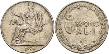 Италия 1 лира 1923 R, Виктор Эммануил III (1900-1946) KM 62 никель 186-514