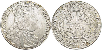 ПОЛЬША 18 ГРОШЕЙ = ТЫМФ 1754 ЕС, АВГУСТ III (1733-1763) KM 148.2 (С10.1) серебро 5010-1034
