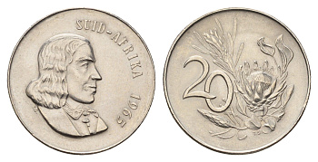 ЮАР 20 центов 1965 Ян ван Рибек (1619-1677), Suid Africa, легенда на африкаанс, цветок протея KM 69.2 никель UNC 4678-233