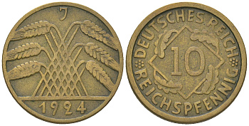 Германия 10 рейхспфеннигов 1924 J KM 40, J. 317, Weege 9 алюминиевая бронза 60-727