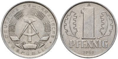 ГДР 1 пфенниг 1960 A KM 8.1 алюминий 39-613