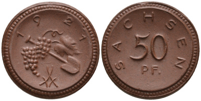 Саксония 50 пфеннигов 1921 виноград и лопата J. N 54 фарфор UNC 1094-8-54