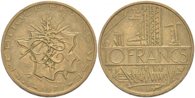 Франция 10 франков 1978 тип Матье KM 940, Le Franc 365.11-12 никель латунь 3851-926
