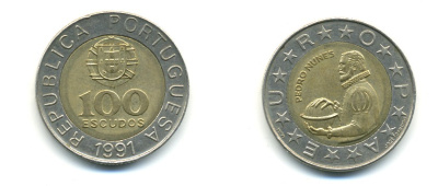 Португалия 100 эскудо 1991 Педру Нуниш (1502-1578), математик KM 645.1 биметалл 4379-1445