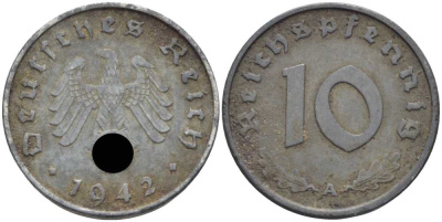 ГЕРМАНИЯ 10 РЕЙХСПФЕННИГОВ 1942 A KM 101, J. 371 цинк 4401-627