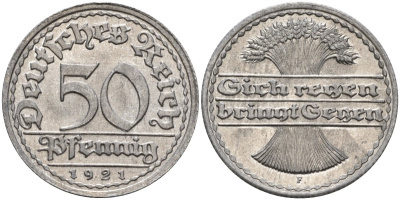 Германия 50 пфеннигов 1921 F KM 27, J.301, Weege 10 алюминий UNC 4584-747