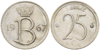 Бельгия 25 сантимов 1967 Belgie, Бодуэн I (1951-1993) KM 154.1 медно-никель 201-1253