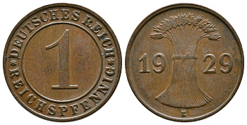 ГЕРМАНИЯ 1 РЕЙХСПФЕННИГ 1929 E KM 37, J. 313 бронза 4380-1158
