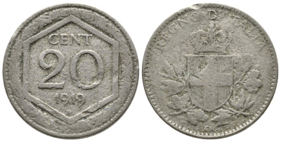 ИТАЛИЯ 20 ЧЕНТЕЗИМО 1919 R, ВИКТОР ИММАНУИЛ KM 58 медно-никель 177-1055