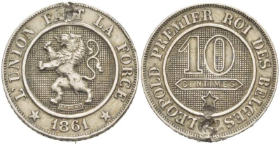 БЕЛЬГИЯ 10 САНТИМОВ 1861 НАПАЙКА, BELGES KM 22 медно-никель 217-447