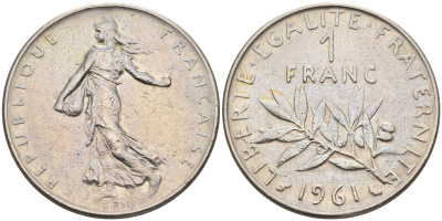 Франция 1 франк 1961 сеятель KM 925.1 никель    4177-237