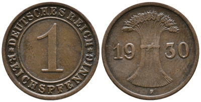 ГЕРМАНИЯ 1 РЕЙХСПФЕННИГ 1930 F KM 37, J. 313 бронза 39-1041