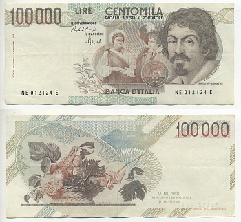 Италия 100000 лир 1983 Караваджо, фруктовый букет, подпись Speziali Pick 110b бумага 7220-17-3