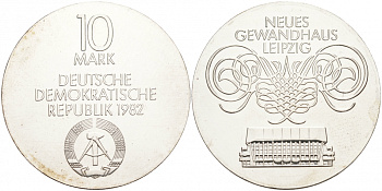 ГДР 10 марок 1982 А, Лейпциг, концертный зал KM 87 серебро UNC 00-000-00