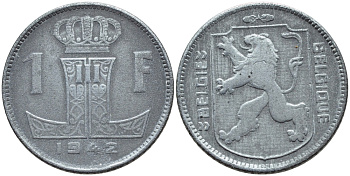 БЕЛЬГИЯ 1 ФРАНК 1942 BELGIE-BELGIQUE, ГЕРМАНСКАЯ ОККУПАЦИЯ, ВТОРАЯ МИРОВАЯ ВОЙНА KM 128 цинк 4393-1054