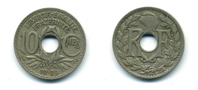 ФРАНЦИЯ 10 САНТИМОВ 1929 ТИП ЛИНДАЙЁ KM 866а медно-никель 84-344