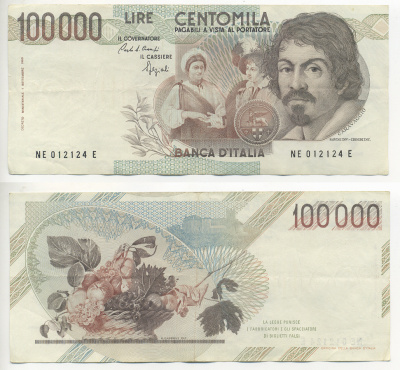 Италия 100000 лир 1983 Караваджо, фруктовый букет, подпись Speziali Pick 110b бумага 7220-17-3