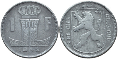 БЕЛЬГИЯ 1 ФРАНК 1942 BELGIE-BELGIQUE, ГЕРМАНСКАЯ ОККУПАЦИЯ, ВТОРАЯ МИРОВАЯ ВОЙНА KM 128 цинк 4393-1054