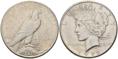 США 1 доллар 1922 D, доллар мира KM 150 серебро 441-914