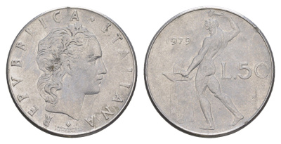 Италия 50 лир 1979 R, бог огня Вулкан у наковальни KM 95.1 нержавеющая сталь 4551-1113