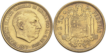 Испания 2,5 песеты 1953 (56) Франциско Франко (1939-1975) KM 785 алюминиевая бронза 4610-621