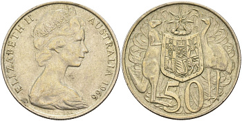 Австралия 50 центов 1966 Елизавета II (1952-2022), герб Австралии, кенгуру KM 67 серебро 4131-643